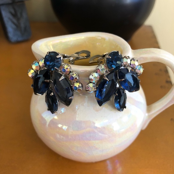 Jewelry - Vintage 50s sapphire blue rhinestone clip earrings